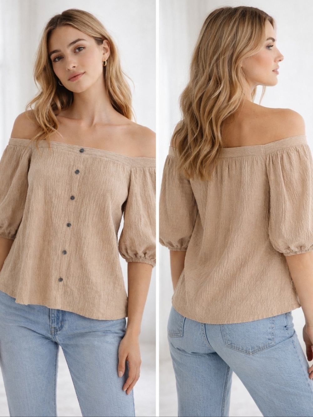 F&F Smocked Blouse Puff Sleeve Off Shoulder Beige Top S